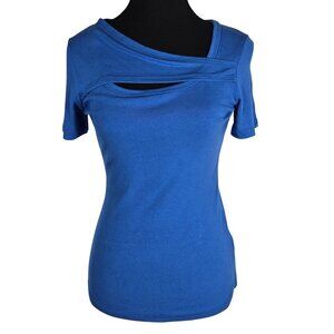 NWOT | Royal Blue Ribbed Knit Short Sleeve Top Asymmetrical Cutout | Medium